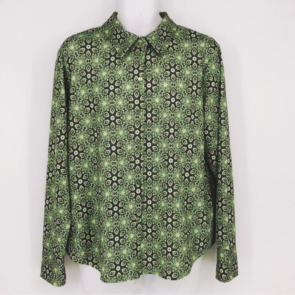 Susan Graver Liquid Knit Button Down Blouse Geo Print Sz L